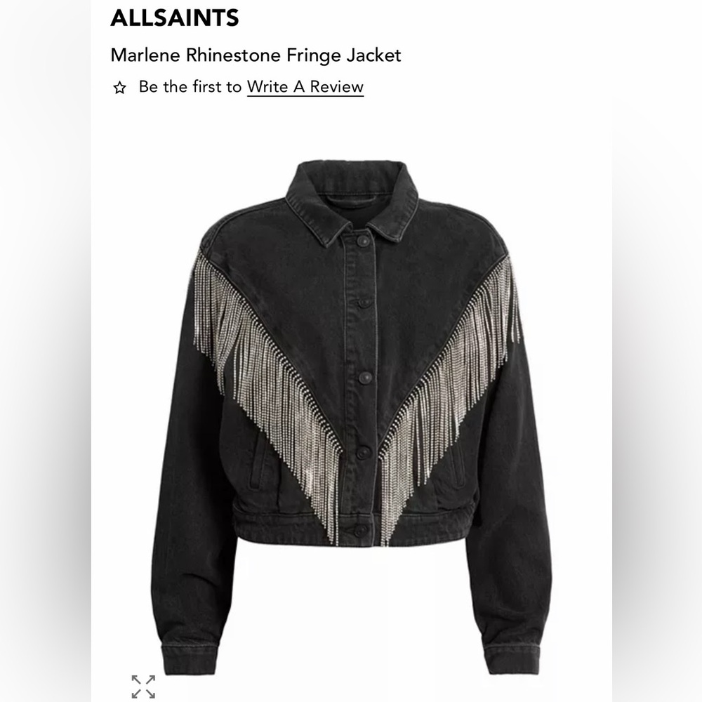 All Saints Black Denim Jacket with Rhinestone Fringe